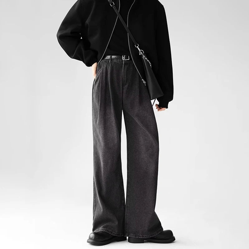 Korean Popular Baggy Jeans Men Y2k Pants Washed Vintage Straight Wide-Leg Pants Hip Hop High Street Bell Bottoms Denim Trousers