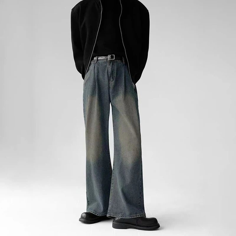 Korean Popular Baggy Jeans Men Y2k Pants Washed Vintage Straight Wide-Leg Pants Hip Hop High Street Bell Bottoms Denim Trousers