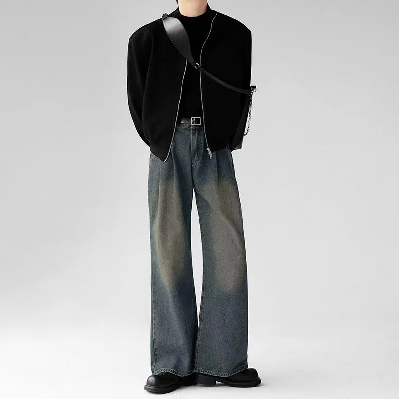 Korean Popular Baggy Jeans Men Y2k Pants Washed Vintage Straight Wide-Leg Pants Hip Hop High Street Bell Bottoms Denim Trousers