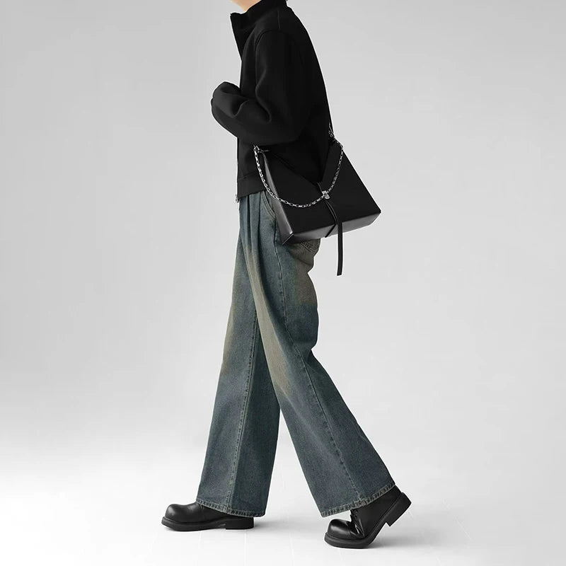 Korean Popular Baggy Jeans Men Y2k Pants Washed Vintage Straight Wide-Leg Pants Hip Hop High Street Bell Bottoms Denim Trousers