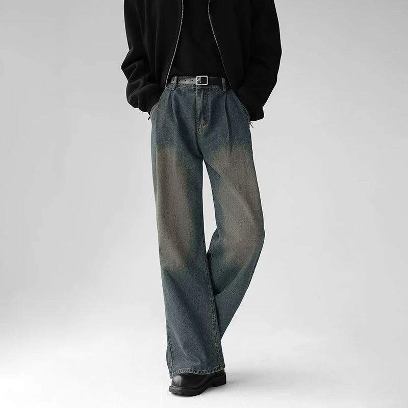 Korean Popular Baggy Jeans Men Y2k Pants Washed Vintage Straight Wide-Leg Pants Hip Hop High Street Bell Bottoms Denim Trousers