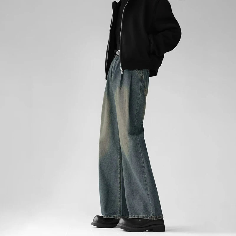 Korean Popular Baggy Jeans Men Y2k Pants Washed Vintage Straight Wide-Leg Pants Hip Hop High Street Bell Bottoms Denim Trousers