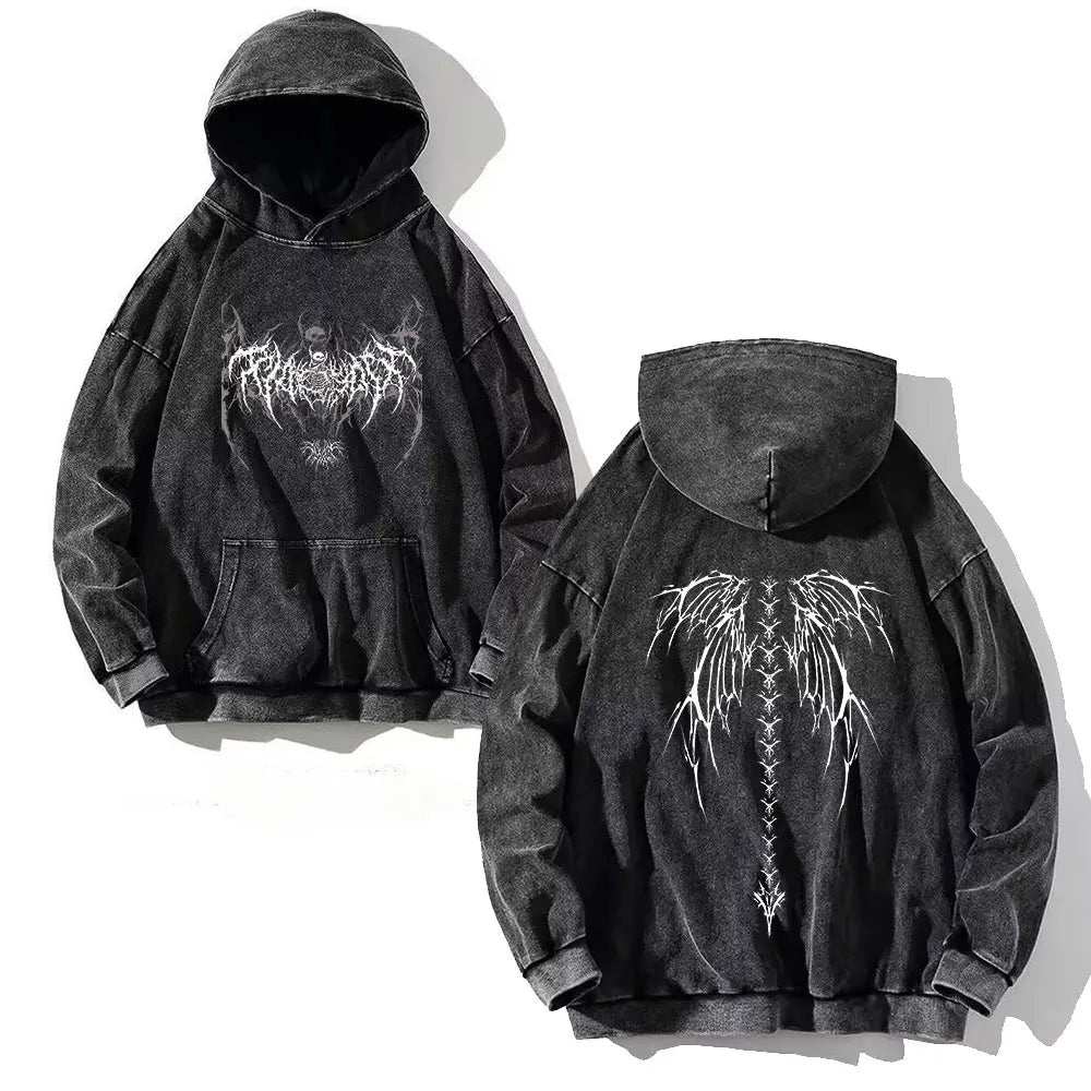 Vintage Y2K Cross Printed Washed Hoodie Cotton Long Sleeve Hip Hop Men Winter Clothing Fashion Casual Hip Hop Hooded Sweatshirt