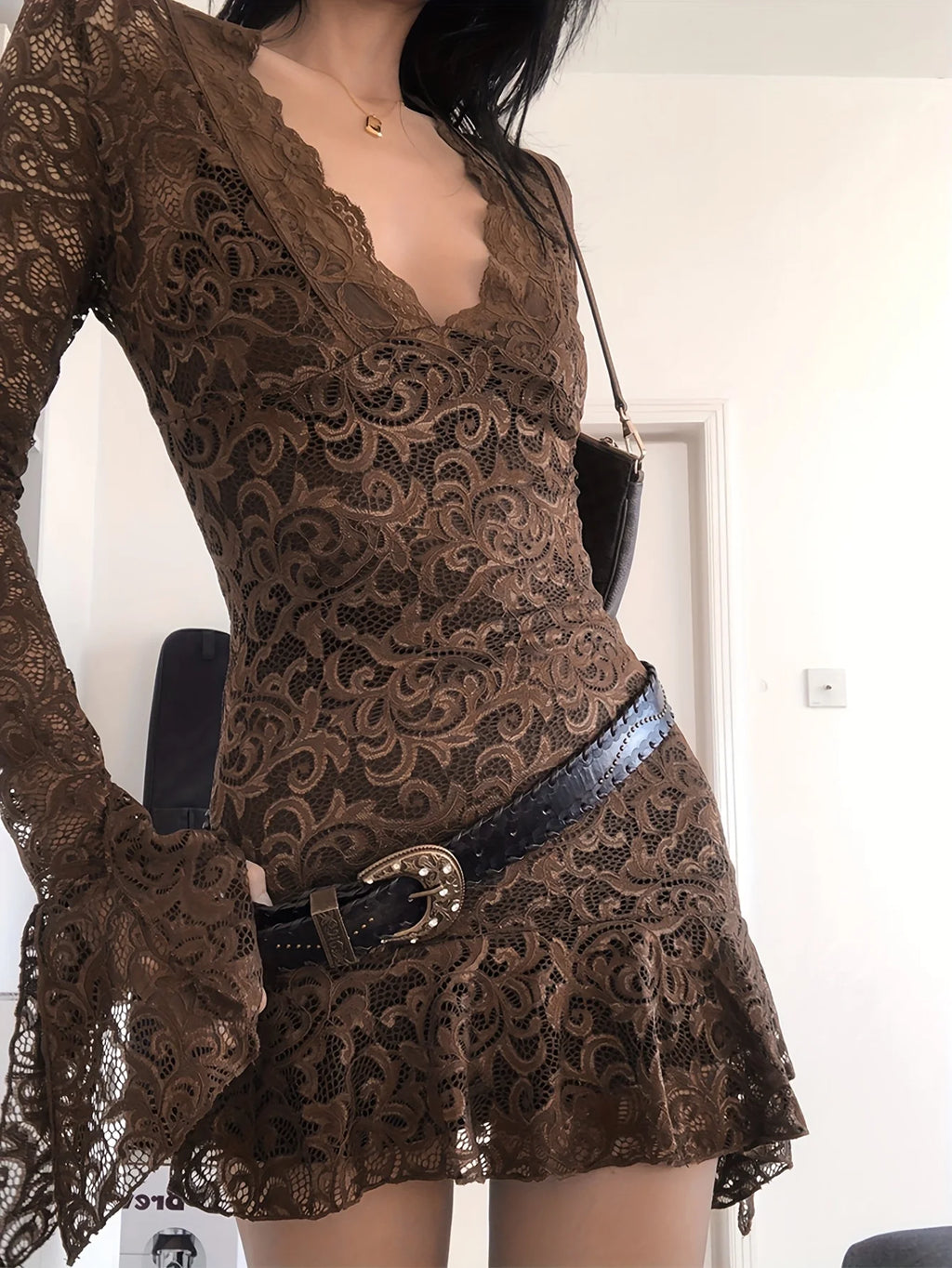 Summer Y2k Women's Dresses Sexy Sheer Mesh Lace Bodycon Dress Flared Long Sleeve V-Neck Mini Dress Party Club Evening Dresses