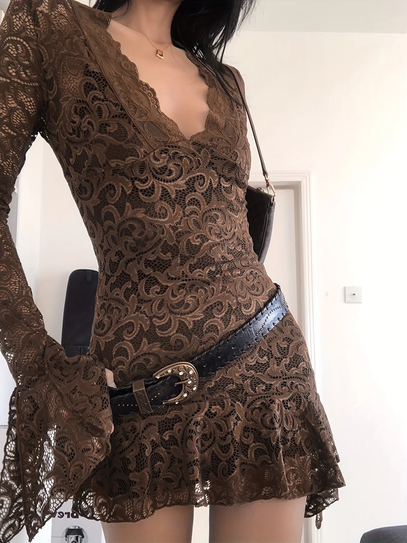Summer Y2k Women's Dresses Sexy Sheer Mesh Lace Bodycon Dress Flared Long Sleeve V-Neck Mini Dress Party Club Evening Dresses