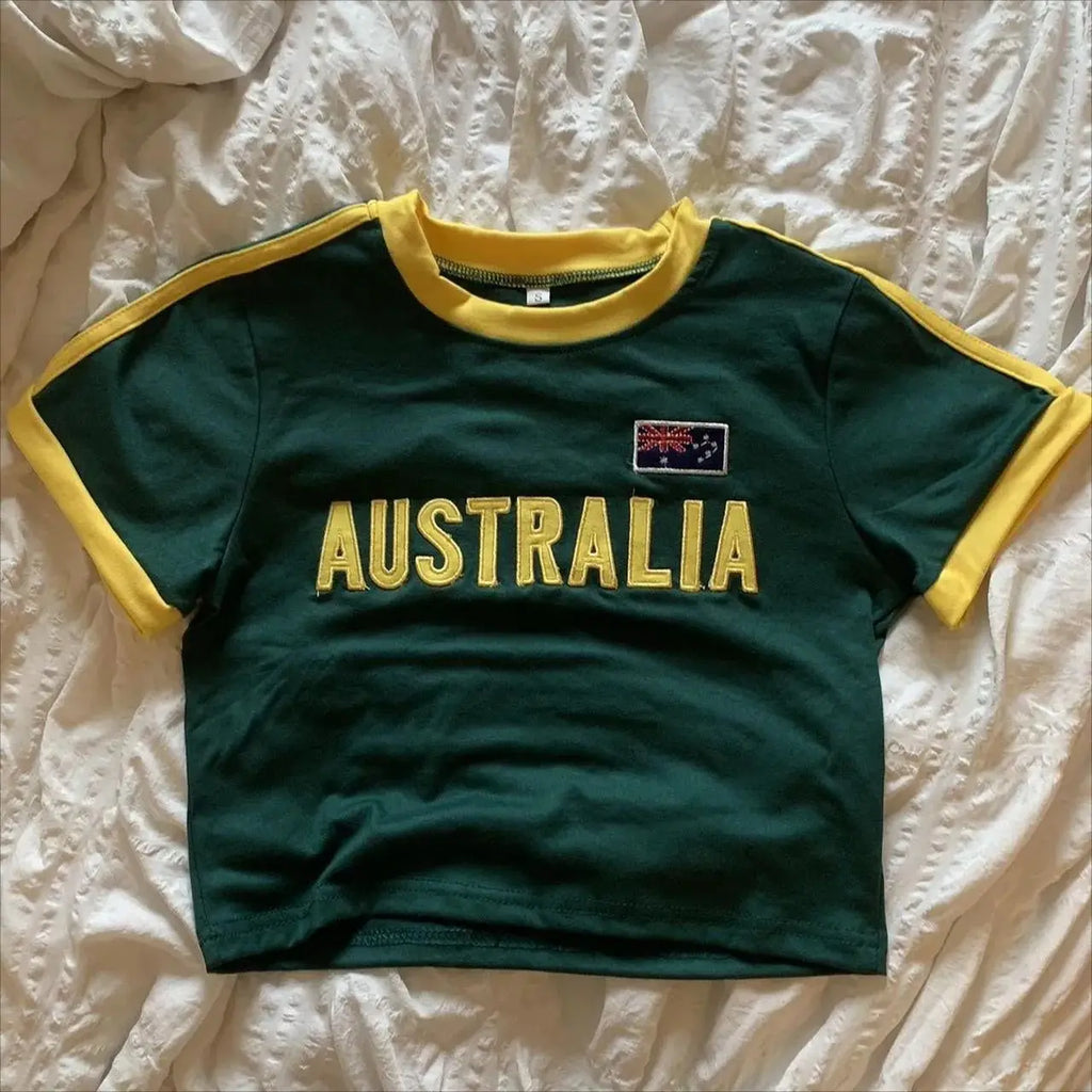 Y2k Aesthetic Women Australia Embroidery T-shirt Gothic Crop Tops Streetwear Grunge Baby Tee Vintage Casual Short Sleeve Clothes
