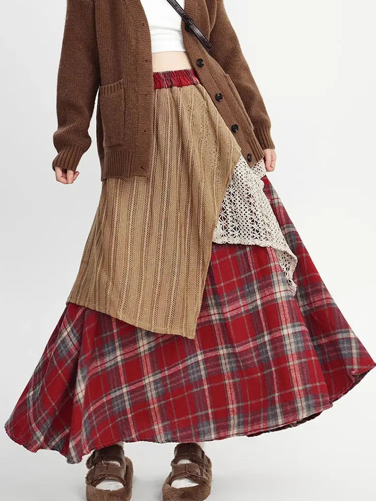 Y2k Skirts Women Clothing 2025 Faldas Mujer De Moda Contrast Color A-line Jupe Fashion Korean Saia Lace Plaid Casual Long Skirt