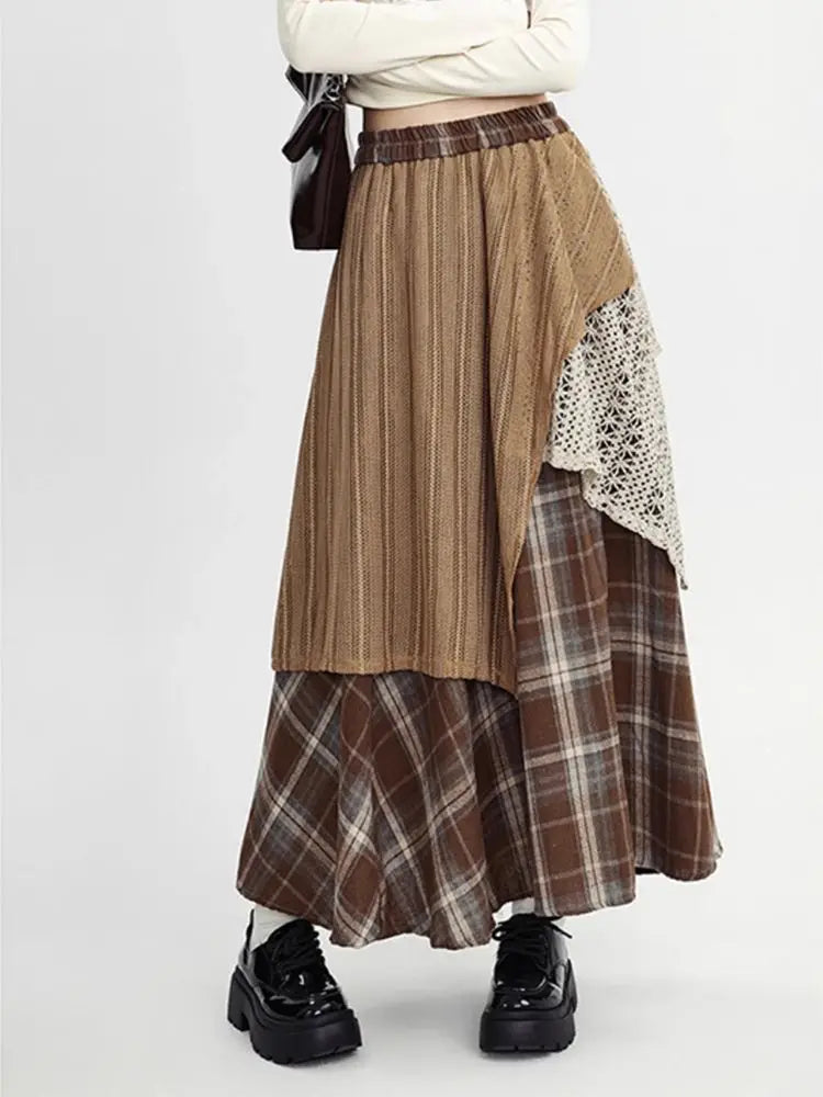Y2k Skirts Women Clothing 2025 Faldas Mujer De Moda Contrast Color A-line Jupe Fashion Korean Saia Lace Plaid Casual Long Skirt