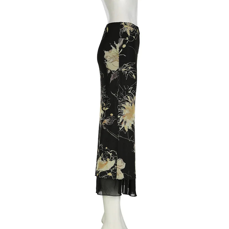 Y2K Double Layer Mesh A-line Skirt Women Fashion Florals Print Slim Skirts Fairy Streetwear Gothic Bottomsprint Print Mesh Skirt