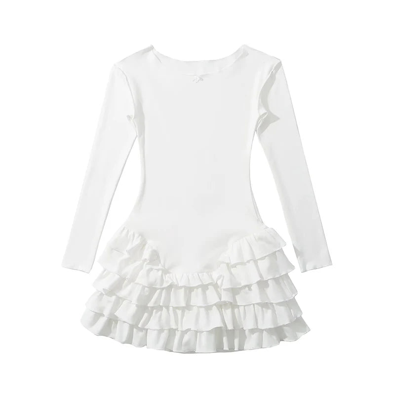 YENKYE Y2k Women Long Sleeve O Neck Ruffle Dresses Spring 2025 Basics Fashion Vestidos Mujer Spicy Girl Style Sexy Mini Dress