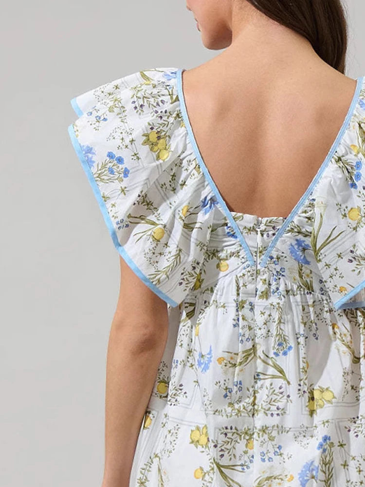 Women Vintage Y2k Mini Dress V-neck Backless Dress Girls Bow Tie Short Skirt 2025 New Loose A-Line Dress Beach Holiday Sundress