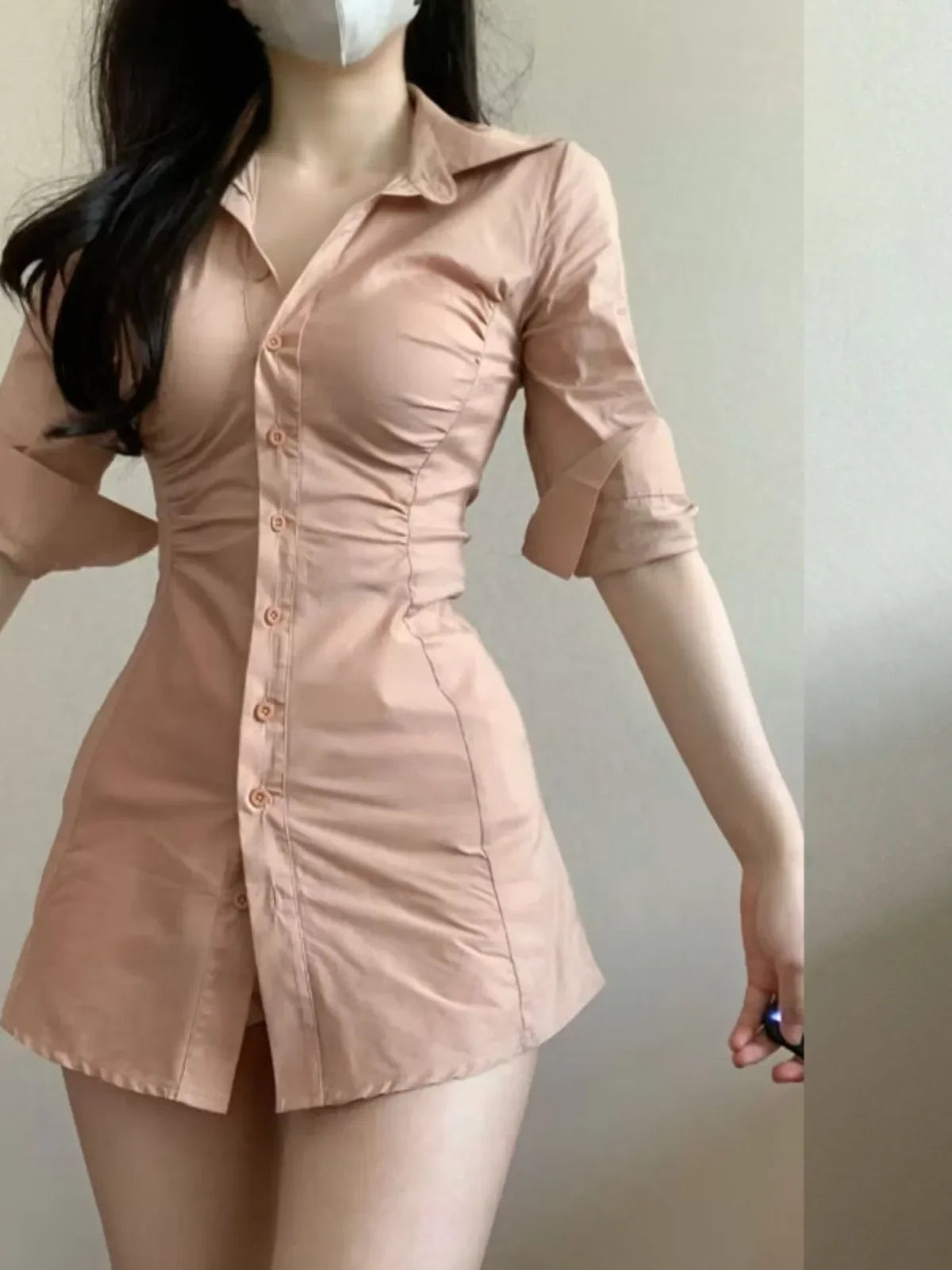 Mini Dresses for Women Skinny Sexy Female Solid Clothing Spring Summer Fashion Turn-down Collar Young Ins New High Waist Casual