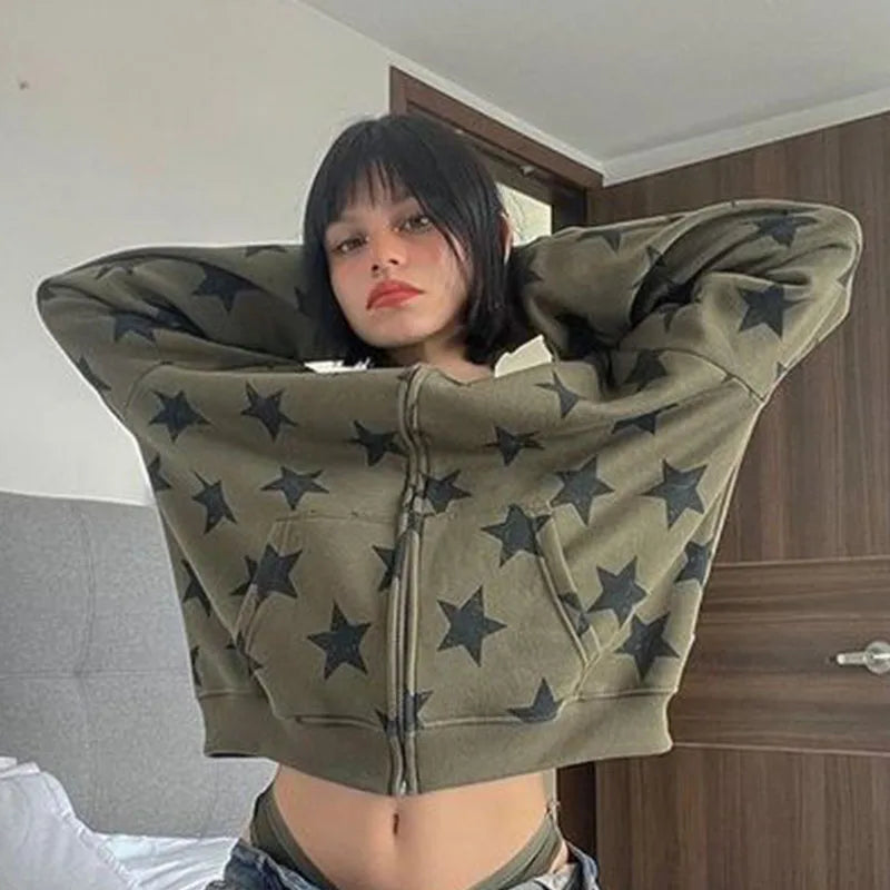Y2k Vintage Gothic Women Hoodie Fashion Stars Print Zip Up Autumn Winter Hip Hop Long Sleeve Jacket Coat Loose Hooded Sweatshirt
