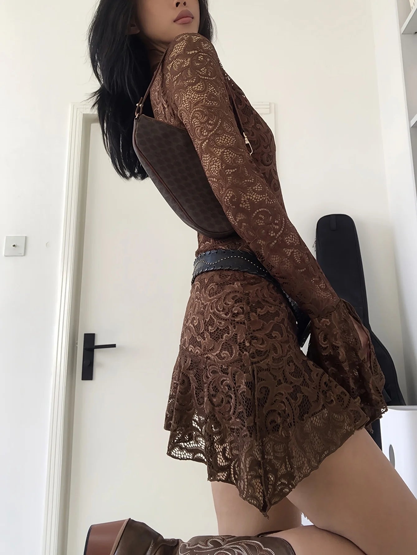 Summer Y2k Women's Dresses Sexy Sheer Mesh Lace Bodycon Dress Flared Long Sleeve V-Neck Mini Dress Party Club Evening Dresses