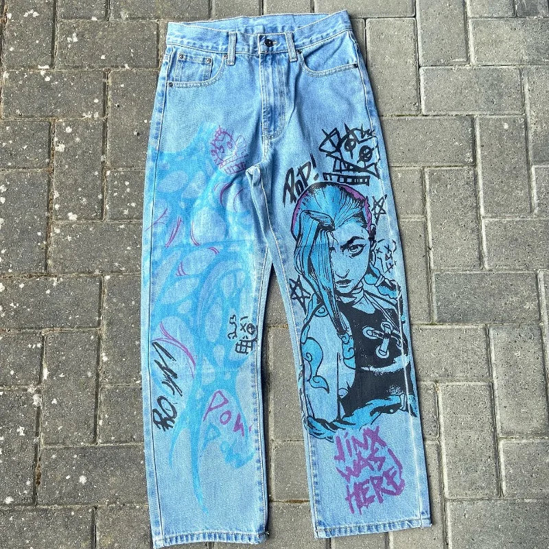 Y2k Anime Baggy Denim Trend Hand Drawn Printed Pattern New Men Women Pants Hip Hop Retro Harajuku Streetwear Unisex Casual Jeans