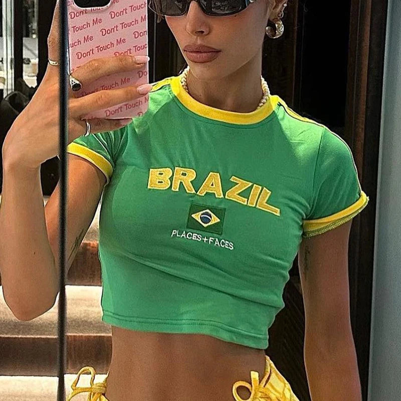 Y2k Women's T-shirt Embroidery Brazil Alphabet Print Baby Tee