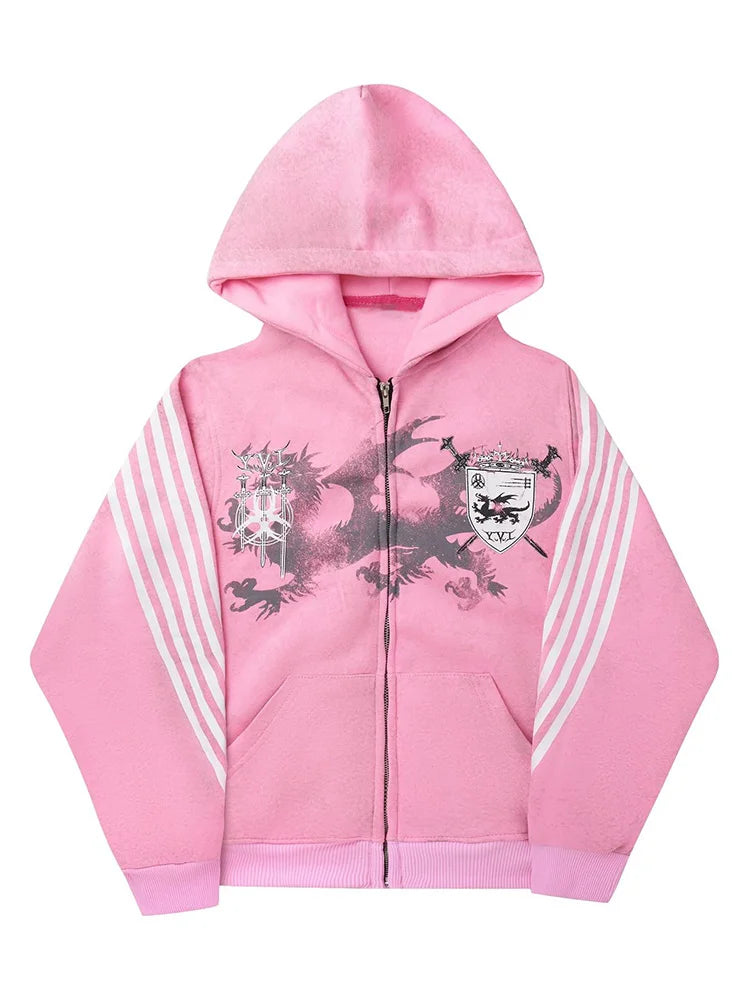 Y2K Gothic Punk Printed Men's and Women's Street Fashion Hooded Sports Shirt Hip Hop Retro Harajuku Loose Zip-up Hoodie 2025 new