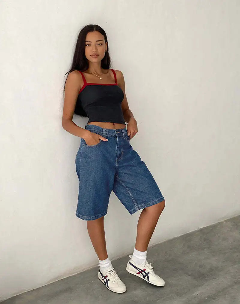 Y2k Aesthetic Bermuda Denim Shorts 90s Vintage Low Rise Wide Leg Knee Length Carpenter Jean Shorts Women Cow Girl Baggy Jorts