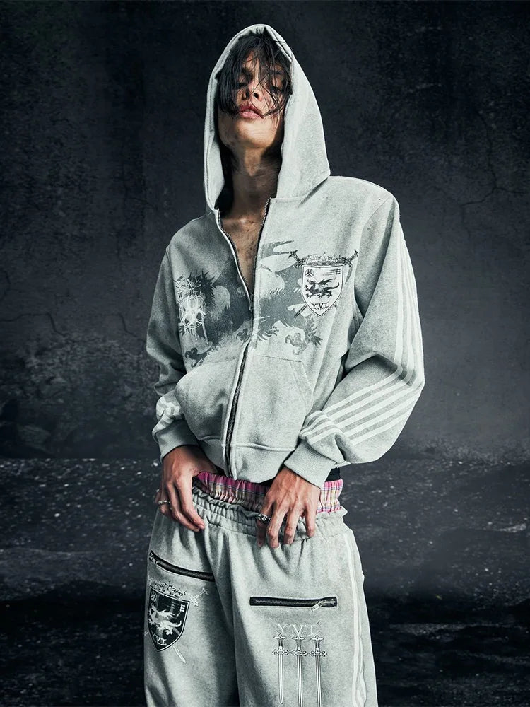 Y2K Gothic Punk Printed Men's and Women's Street Fashion Hooded Sports Shirt Hip Hop Retro Harajuku Loose Zip-up Hoodie 2025 new