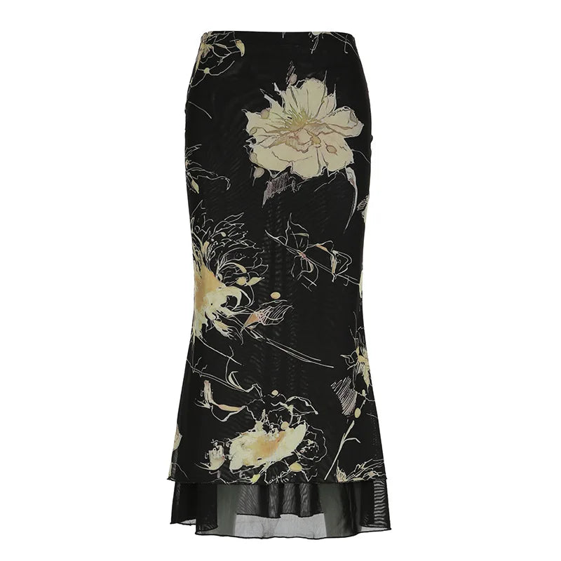 Y2K Double Layer Mesh A-line Skirt Women Fashion Florals Print Slim Skirts Fairy Streetwear Gothic Bottomsprint Print Mesh Skirt