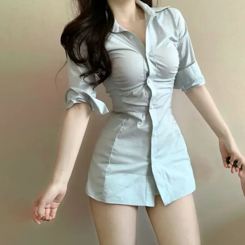 Mini Dresses for Women Skinny Sexy Female Solid Clothing Spring Summer Fashion Turn-down Collar Young Ins New High Waist Casual