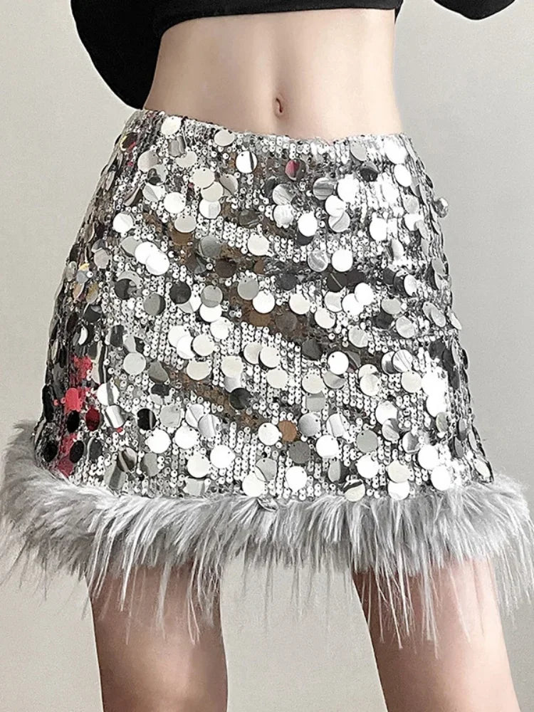 Sexy Mini Skirt Y2k Slim Women Clothing Feather Streetwear Sequined A-Line Faldones Para Mujer High Waist Casual Fashion Outfits