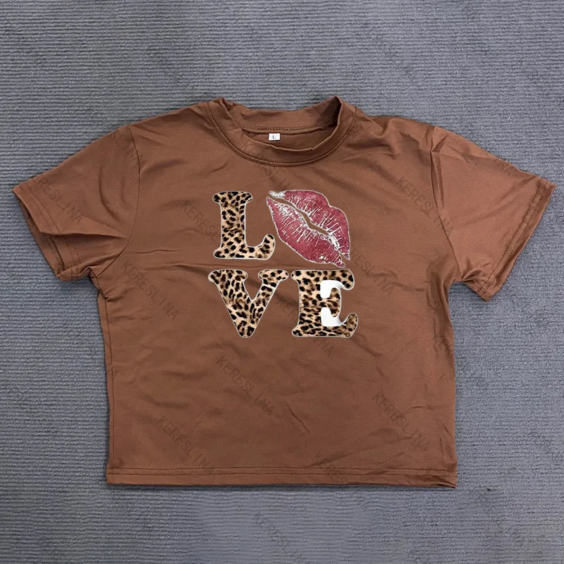 Y2k leopard LOVE Print spicy girl crop top Baby tee 2000s