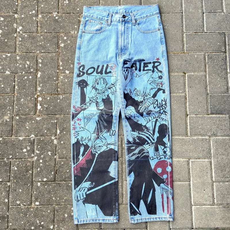 Y2k Anime Baggy Denim Trend Hand Drawn Printed Pattern New Men Women Pants Hip Hop Retro Harajuku Streetwear Unisex Casual Jeans