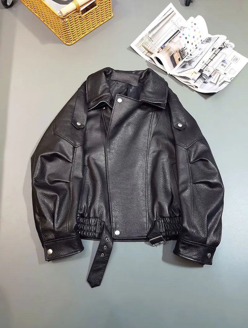 Women Jacket PU Leather Casual Short Punk Lace Up Turn Down Collar Long Sleeve Zipper Loose Y2k Street Wear British 2025 Winter