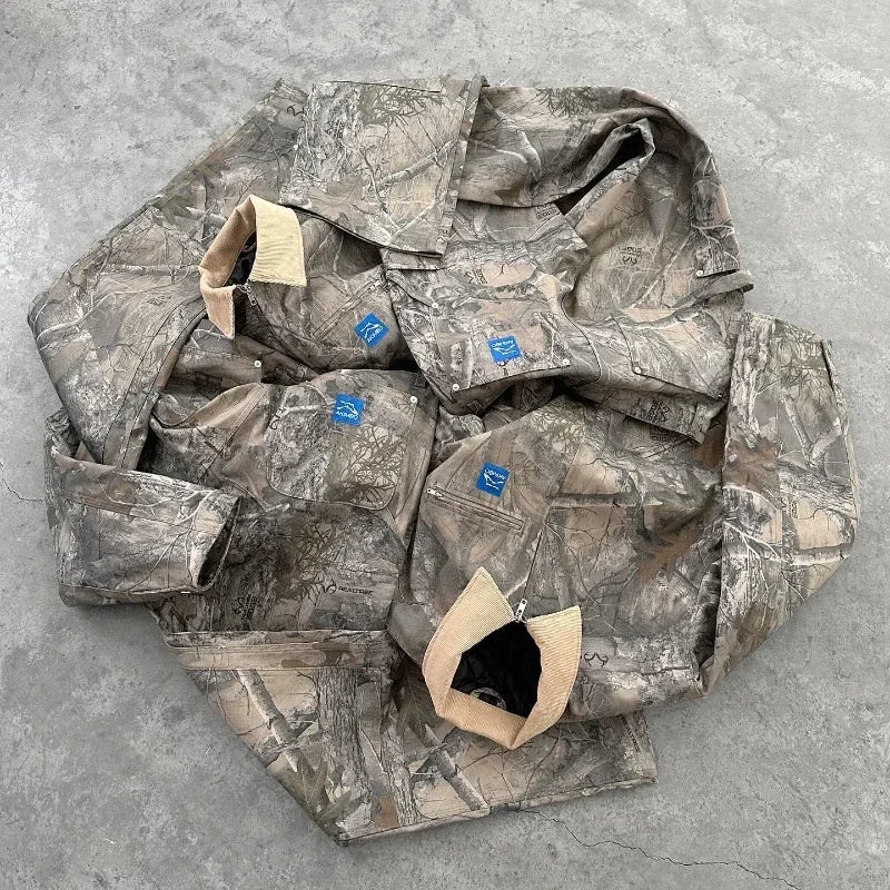 Y2K vintage camouflage men jacket American style street casualwear V neck polo top fashion pattern men women sweatshirt Jacket