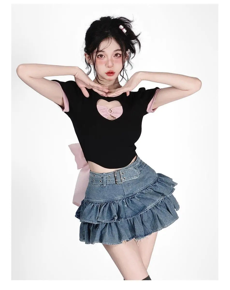 Y2k Skirt Set Bow Tie Love Hollow Out Crop Top Denim Ruffled Pleated Skirt 2 Piece Sets Women Summer Sexy Backless Outfits Suit