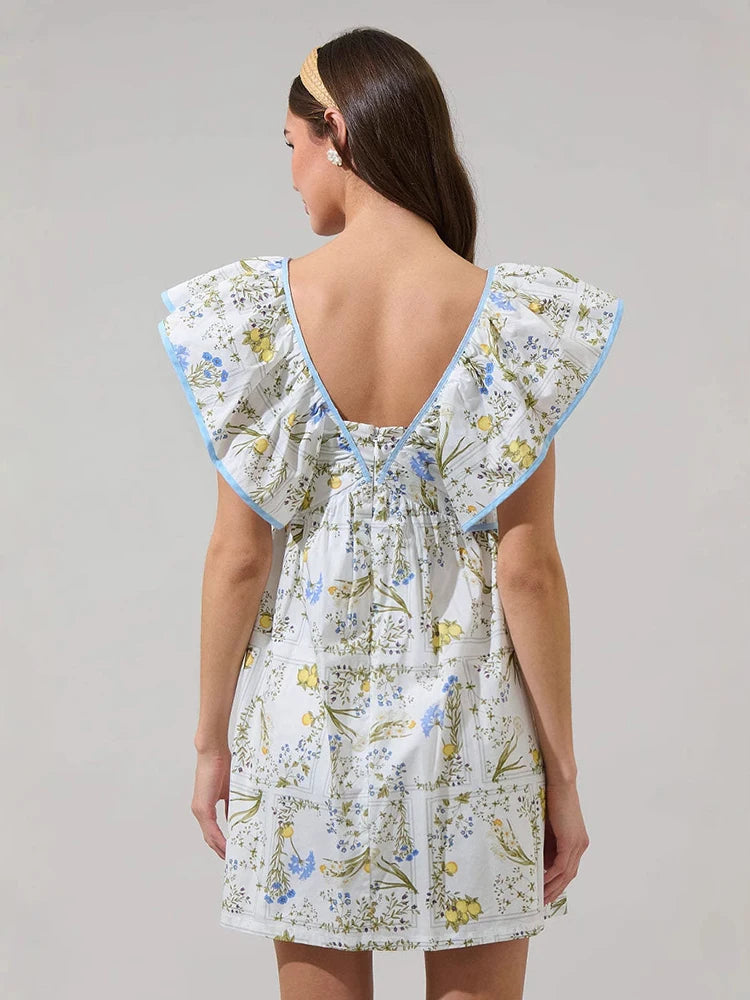 Women Vintage Y2k Mini Dress V-neck Backless Dress Girls Bow Tie Short Skirt 2025 New Loose A-Line Dress Beach Holiday Sundress