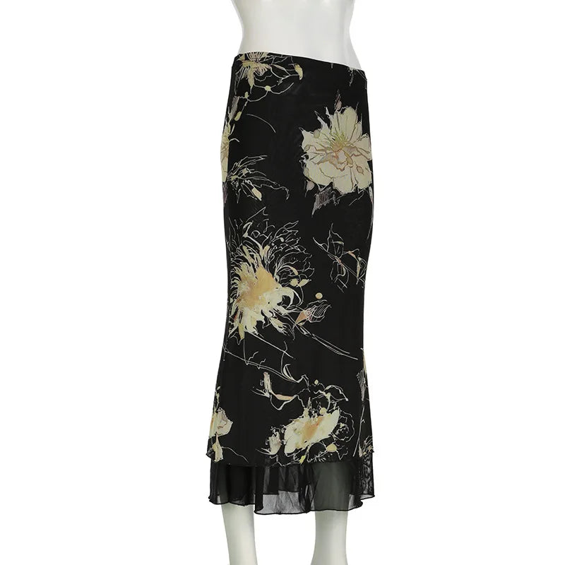 Y2K Double Layer Mesh A-line Skirt Women Fashion Florals Print Slim Skirts Fairy Streetwear Gothic Bottomsprint Print Mesh Skirt