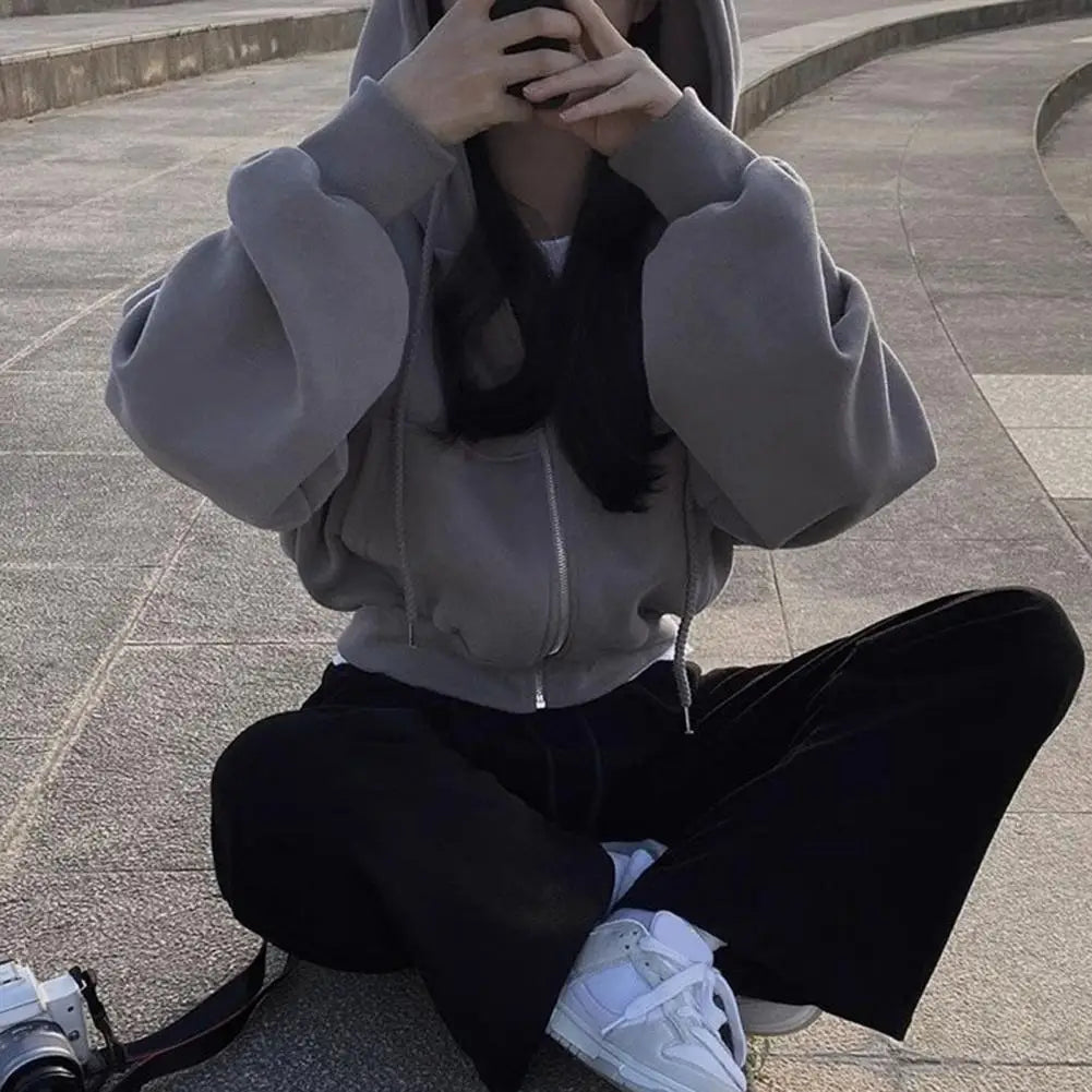 Y2K Zip Up Hoodies Harajuku Oversized Women Short Hoodie Coat Casual Hood Sweatshirt Women Crop Tops Female Loose Jackets Coat