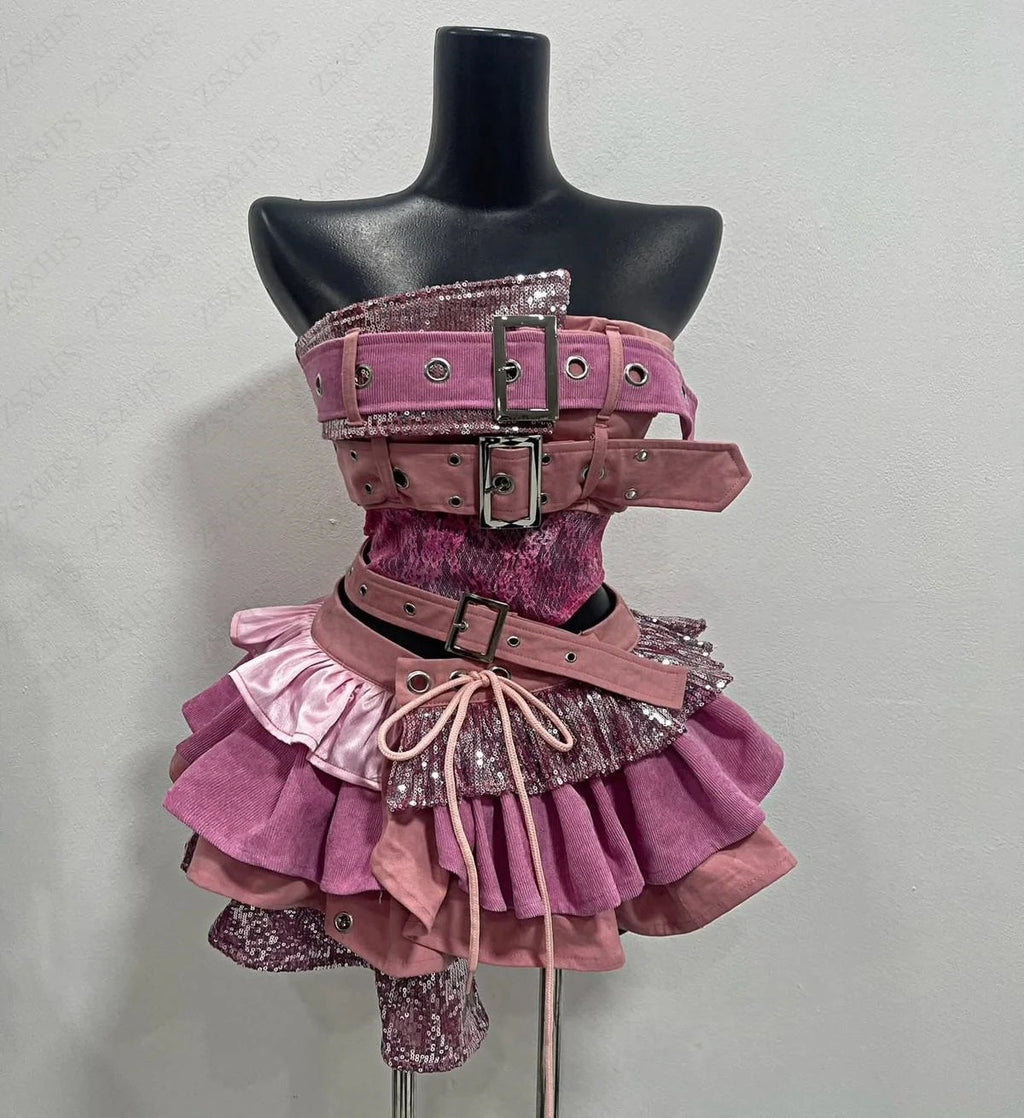 Y2k Skirts Suit 2000s Sexy Party women Clothes  Ultra-Mini Crop Tops Punk Vintage Grunge Hip Hop Sparkling cake skirt Kpop Suits