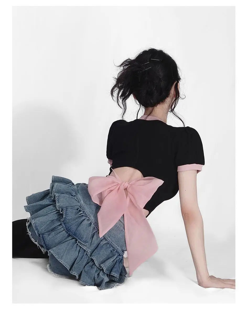 Y2k Skirt Set Bow Tie Love Hollow Out Crop Top Denim Ruffled Pleated Skirt 2 Piece Sets Women Summer Sexy Backless Outfits Suit