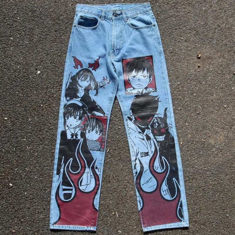 Y2k Anime Baggy Denim Trend Hand Drawn Printed Pattern New Men Women Pants Hip Hop Retro Harajuku Streetwear Unisex Casual Jeans