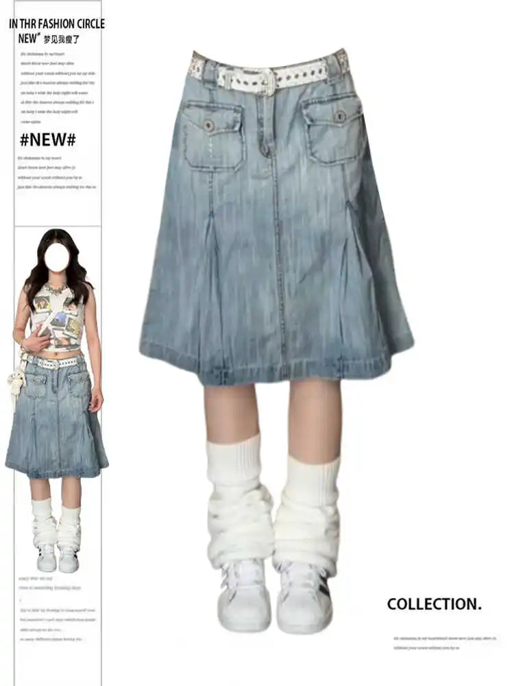 Summer Women Japanese Y2k 2000s Aesthetic A-line Midi Denim Skirt Korean Fashion Kpop Gyaru Jean Skirt Goblin Core Harajuku New