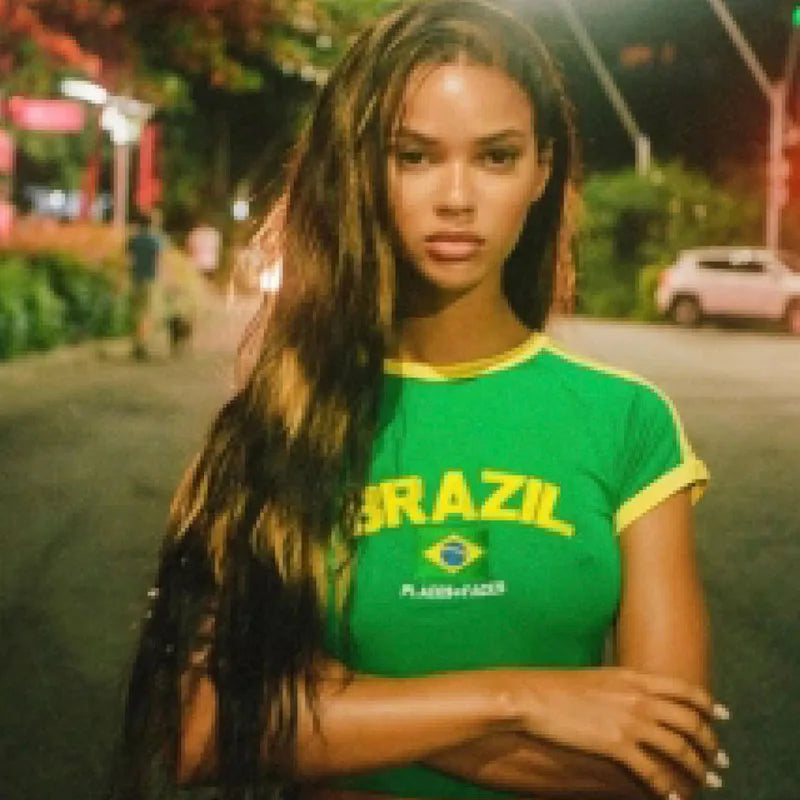 Y2k Women's T-shirt Embroidery Brazil Alphabet Print Baby Tee