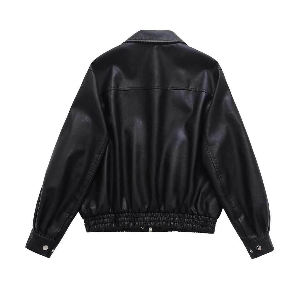 Faux Leather Women Jackets Pu Coats Turn Down Collar Coat Casual Loose Y2k Streetwear Splice Work Jacket Autumn Winter 2025
