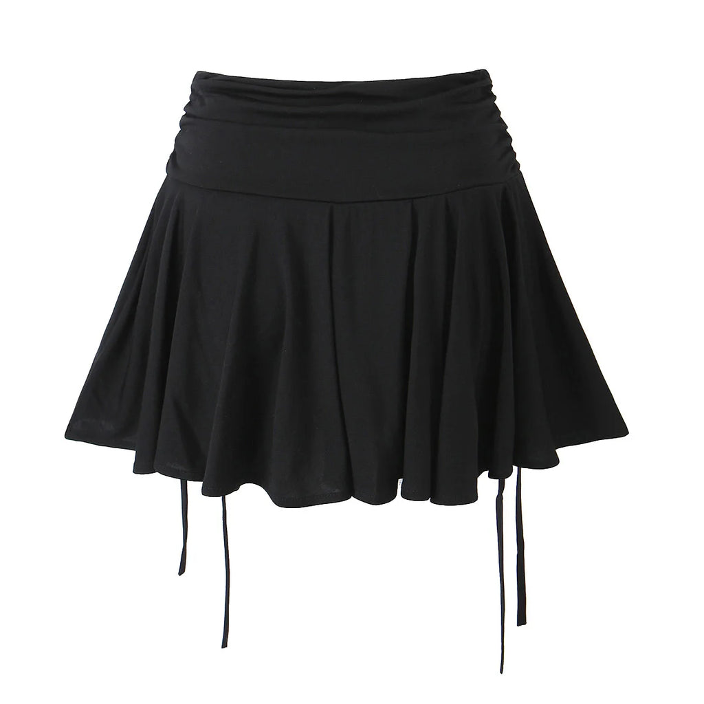 2023 Summer Y2K Style Cool Girl Asymmetrical Pleated Mini Skirts Women Rope Lacing Up Bandage Bow Waist Skirts White Black