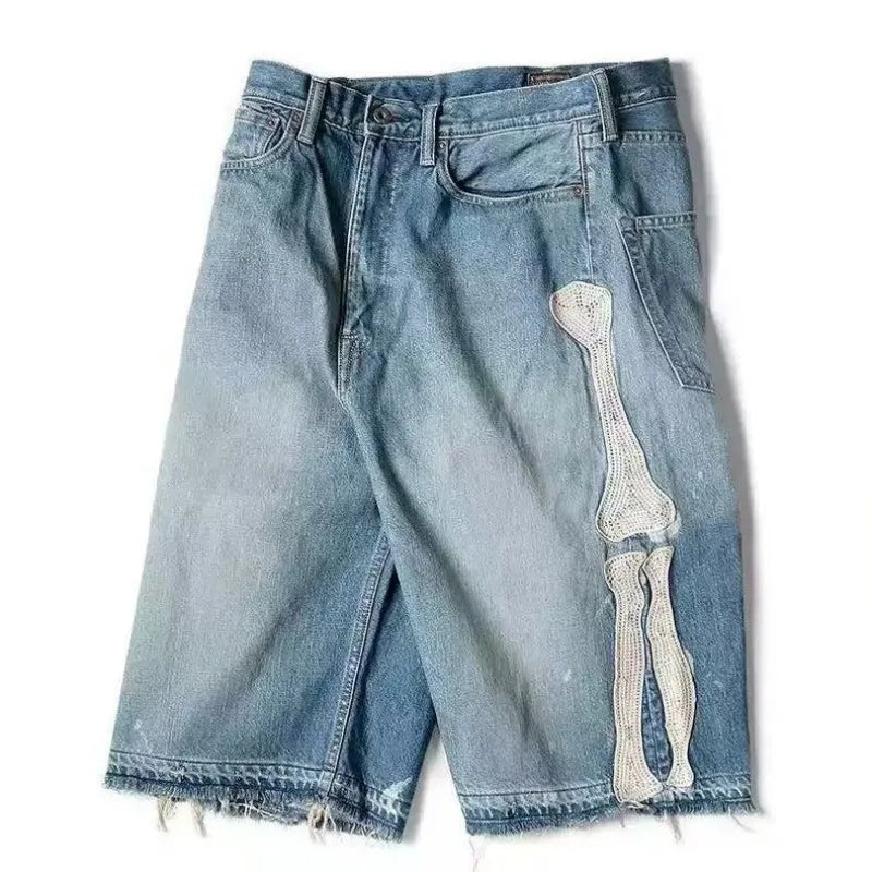 Deeptown Y2k Vintage Harajuku Denim Shorts Women Washed Patchwork Tassels American Retro Jeans Man Baggy Hip Hop Jorts Summer
