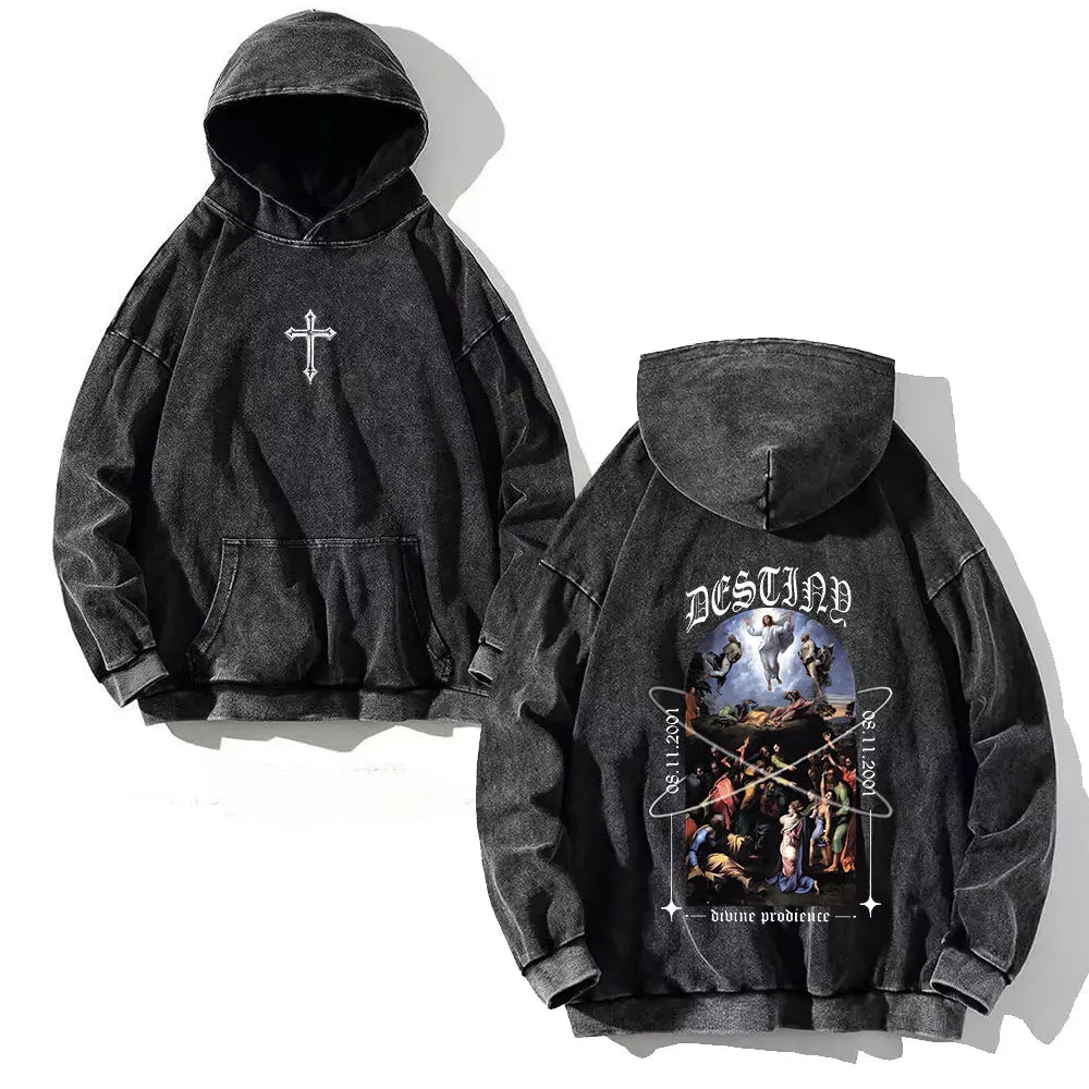 Vintage Y2K Cross Printed Washed Hoodie Cotton Long Sleeve Hip Hop Men Winter Clothing Fashion Casual Hip Hop Hooded Sweatshirt