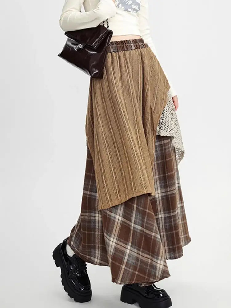 Y2k Skirts Women Clothing 2025 Faldas Mujer De Moda Contrast Color A-line Jupe Fashion Korean Saia Lace Plaid Casual Long Skirt