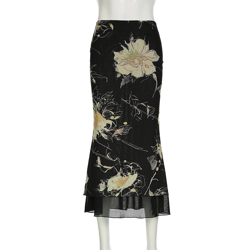 Y2K Double Layer Mesh A-line Skirt Women Fashion Florals Print Slim Skirts Fairy Streetwear Gothic Bottomsprint Print Mesh Skirt