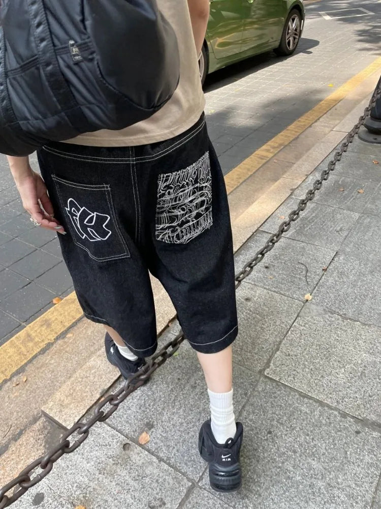 HOUZHOU Vintage Embroidery Y2k Jorts Women Hip Hop Style Baggy Denim Shorts Grunge Streetwear Black Wide Leg Knee Length Shorts