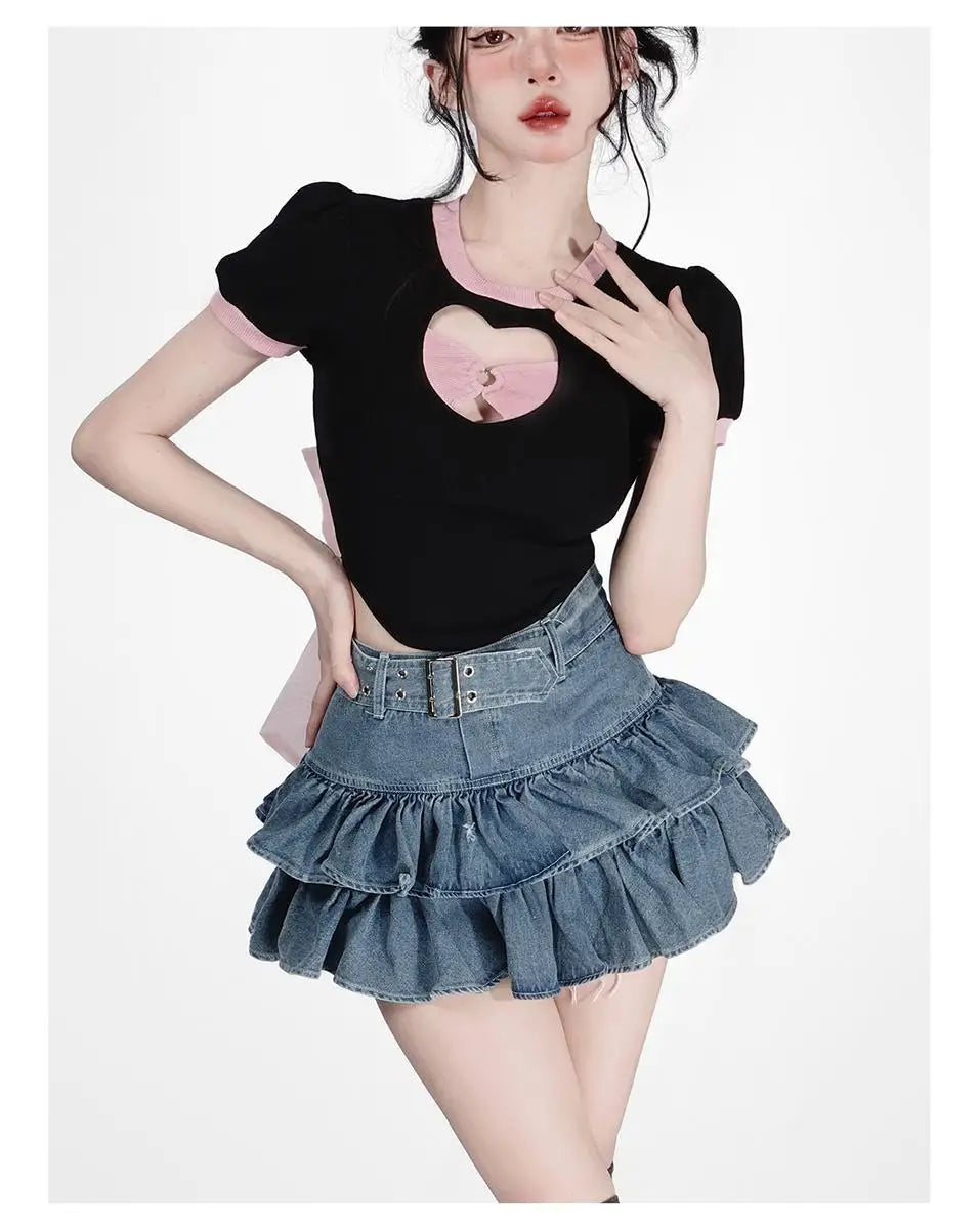 Y2k Skirt Set Bow Tie Love Hollow Out Crop Top Denim Ruffled Pleated Skirt 2 Piece Sets Women Summer Sexy Backless Outfits Suit