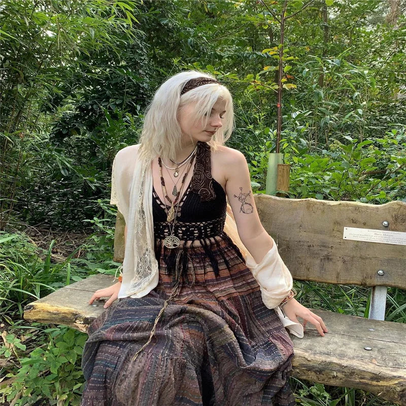 y2k Fairy Grunge Women's Summer Long Skirts High-Waisted Vintage Stripes Print Bohemian Style High Waist Skirt Beachwear