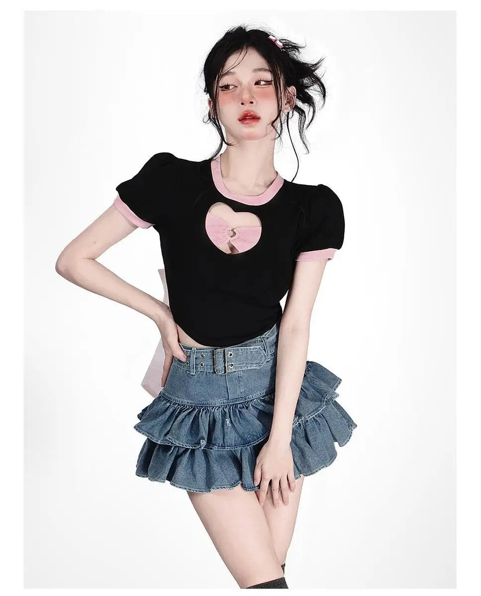 Y2k Skirt Set Bow Tie Love Hollow Out Crop Top Denim Ruffled Pleated Skirt 2 Piece Sets Women Summer Sexy Backless Outfits Suit
