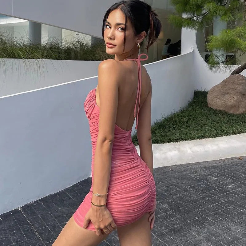 Summer Ruched Sexy Y2K Clothes Lace Up Sleeveless Backless Bodycon Mini Dress For Women 2024 Outfit Club Party Birthday